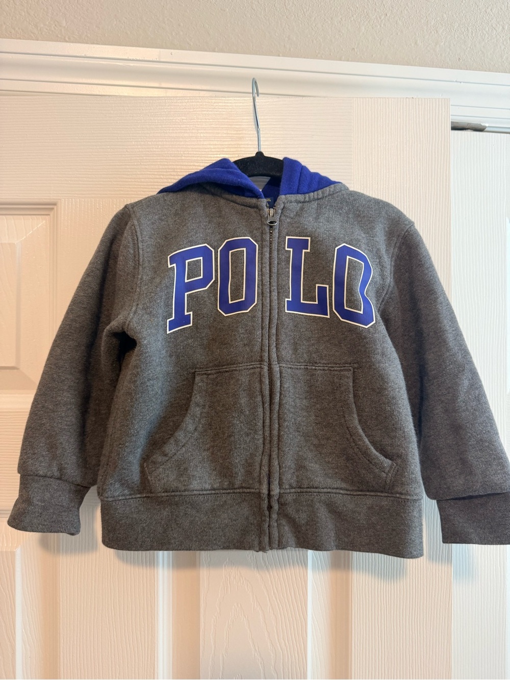 Polo by Ralph Lauren Gray Zip Hoodie with Blue Lettering and Hood